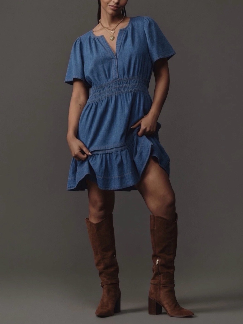 Anthropologie | Blue Denim Somerset Tiered Mini Dress, 2X - Picture 2 of 13